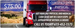 SERVICES • $75.00 DOT Physical Exam for Commercial Truck Drivers (CDL Physical Exam) • Walk In’s Welcome Same Day Service Same day appointments! • DOT Breath Alcohol Testing • DOT Drug Testing • School Bus Driver Physicals • Pre-employment Physicals • DOT Random Drug Testing Programs • Easy Access Parking • Chiropractic treatment • Physiotherapy • Digital X-ray Department • Rehabilitative exercises • Workers' Comp and Personal Injury Auto Accident Whiplash Treatment • Truck Parking Available • Certified Occupational Hearing Conservationist • Audiometric Industrial Hearing Testing • FAA Basic Med Physicals